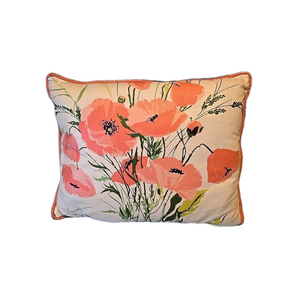 Vtg Poppy Grosgrain Throw Pillow Coral Satin 80s Coastal Cottage Floral Retro
